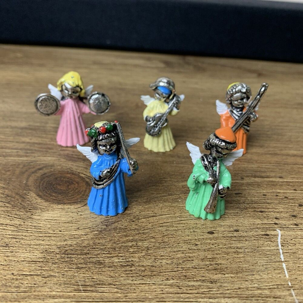 5 Vernon Pewter Miniature Figurines Angels Nativity Musical Metal Multicolor Vtg